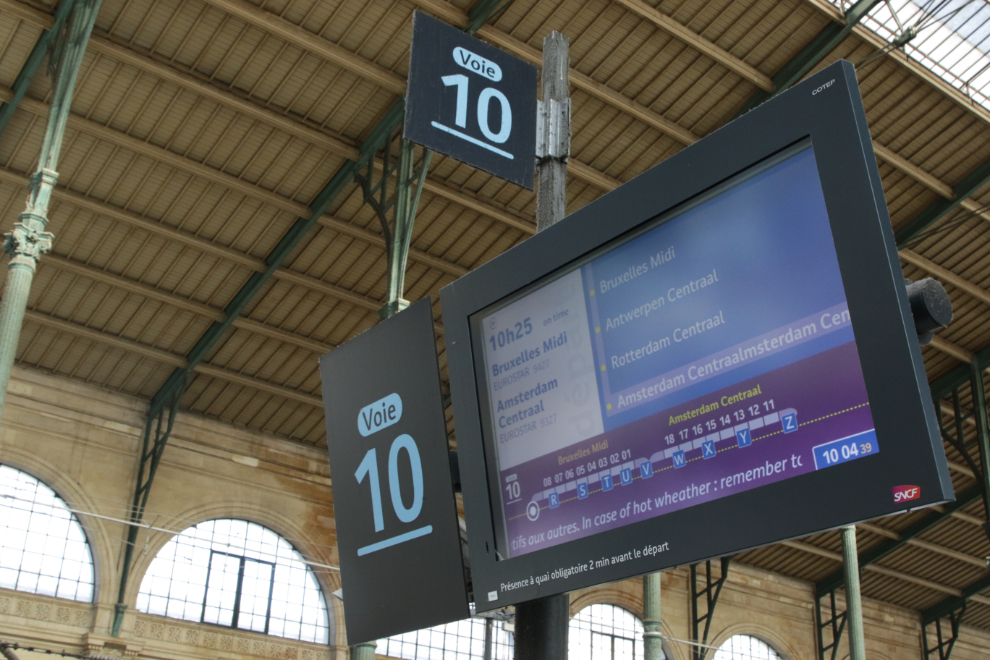 The departure board for our Eurostar train at the Paris Gare du Nord train station in France.