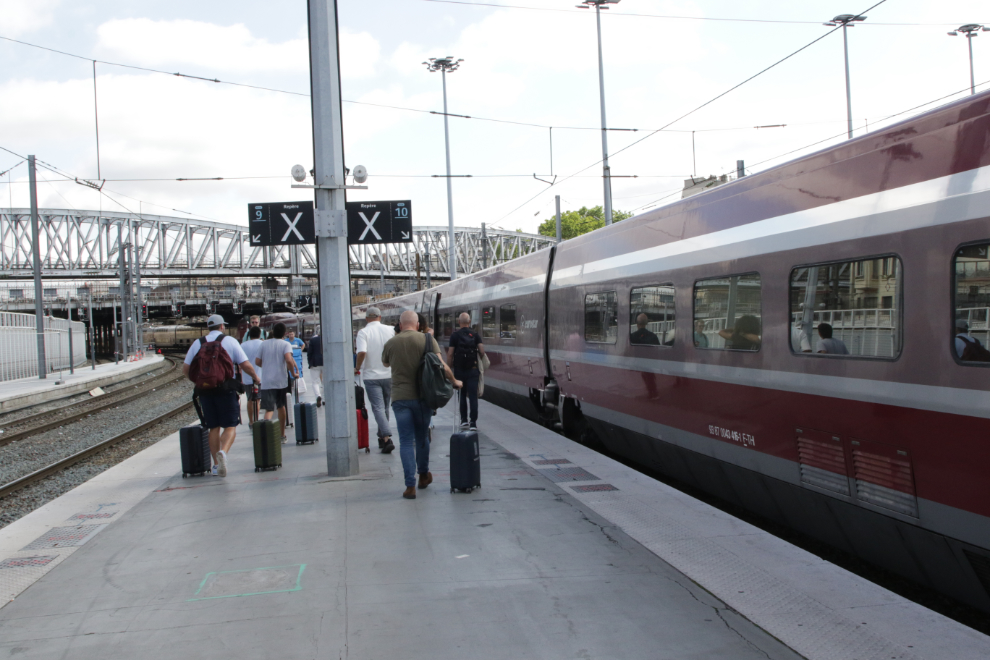 Walking to our car on a Eurostar train at the Paris Gare du Nord train station in France.