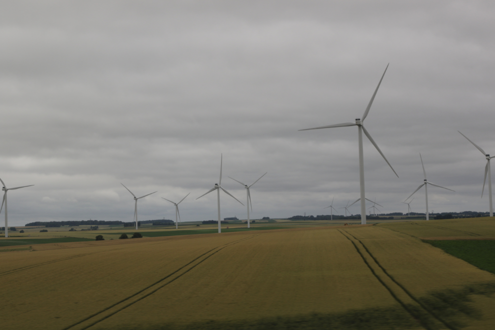 Wind turbines seen from a Eurostar train running between Paris and Rotterdam.
