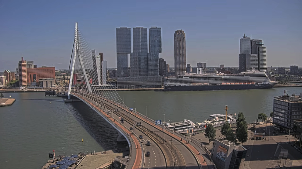 A webcam screenshot of the Holland America cruise ship Nieuw Statendam in Rotterdam.