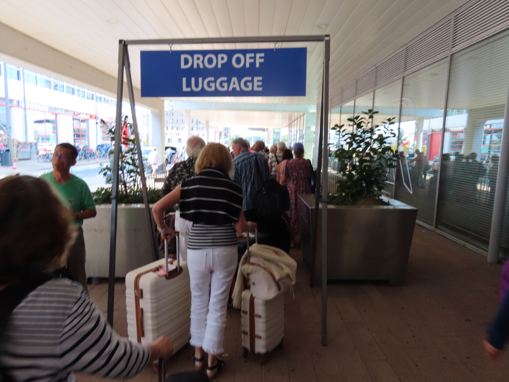Dropping off our luggage at the Rotterdam cruise terminal.