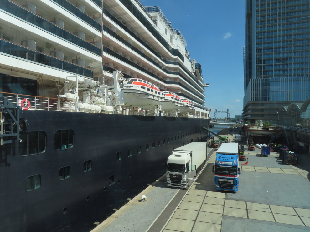 Trucks loading the Holland America cruise ship Nieuw Statendam as we boarded at Rotterdam.