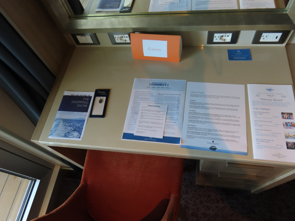 The desk in our cabin on Deck 7  of the Holland America cruise ship Nieuw Statendam as we boarded.
