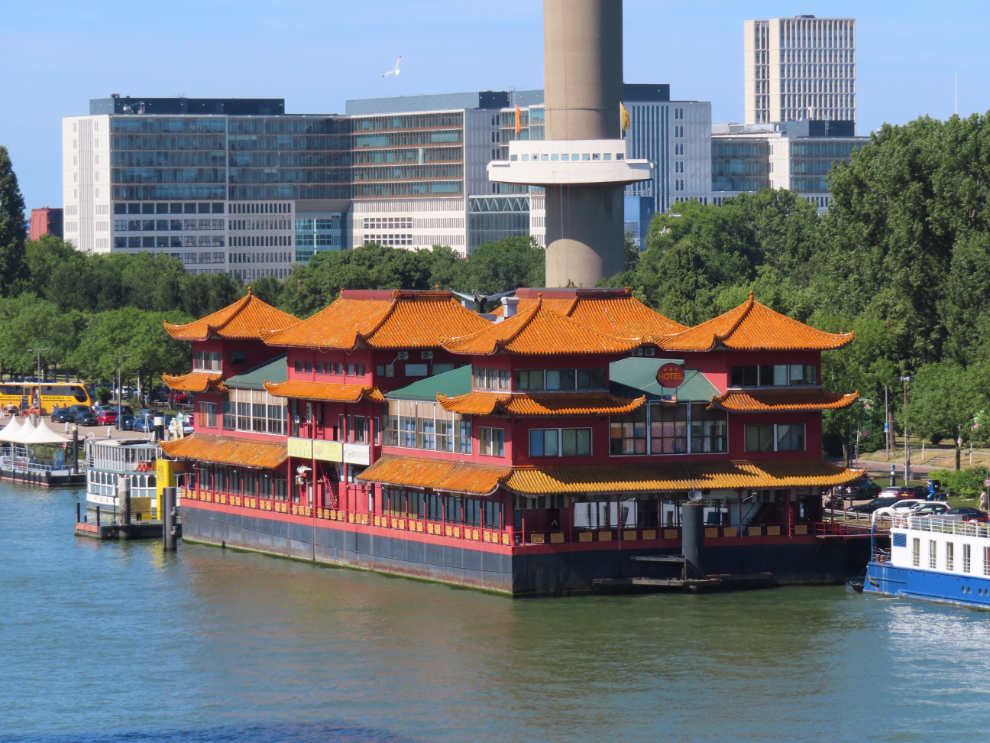 A large Chinese pagoda on a barge in Rotterdam.