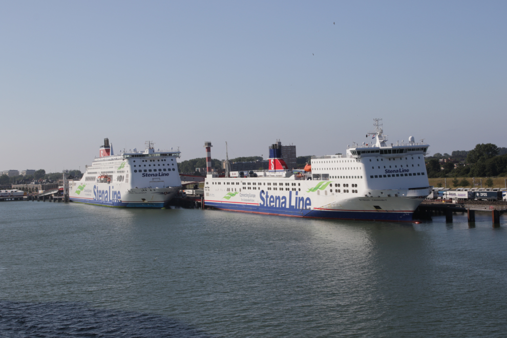 Two Stena Line ferries on the Maas between Rotterdam and the sea.