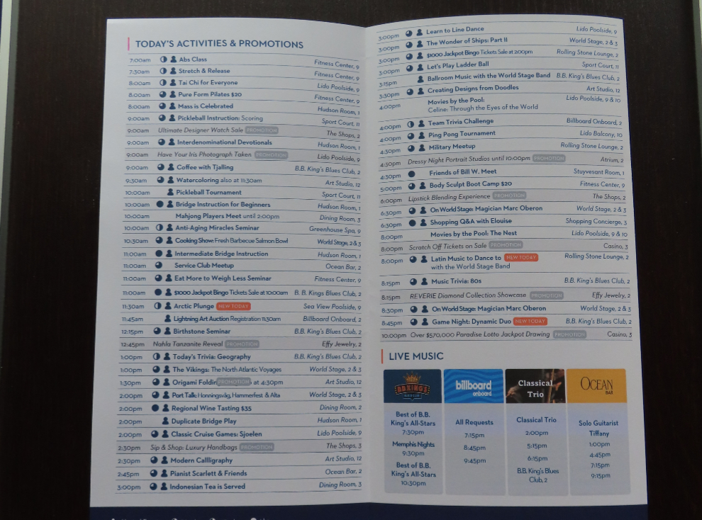 The daily calendar on the Holland America cruise ship Nieuw Statendam.