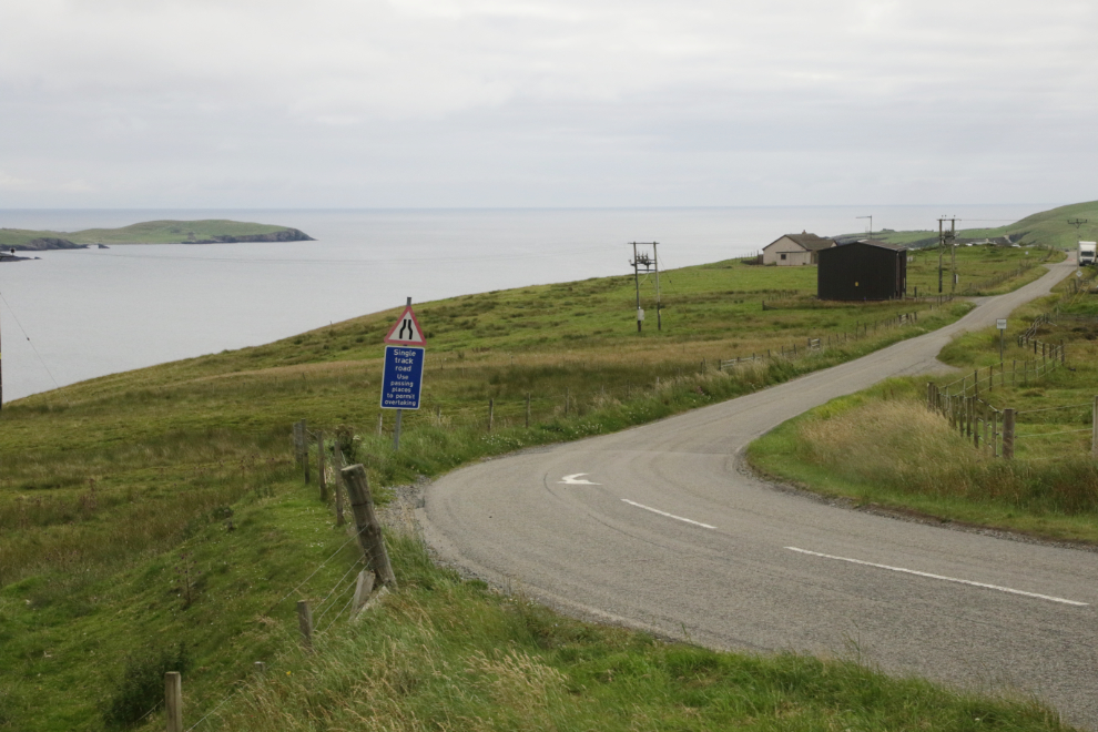 A single track (one lane) road in Shetland - a common sight.