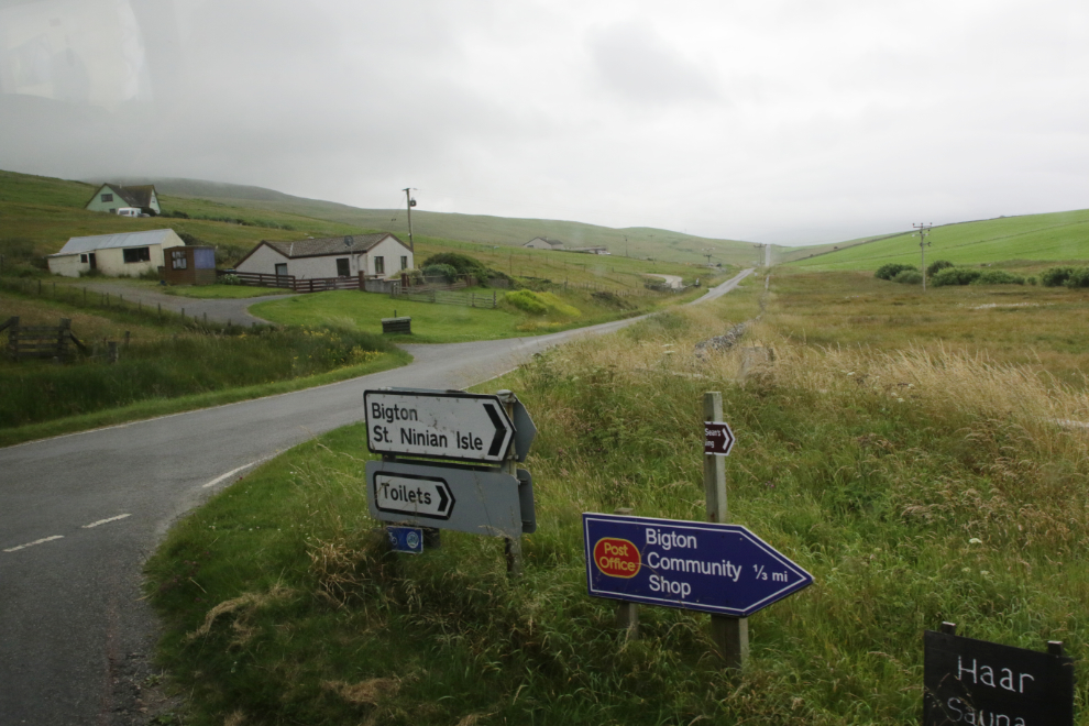 Turning towards St. Ninian Isle on a one-lane road in Shetland.