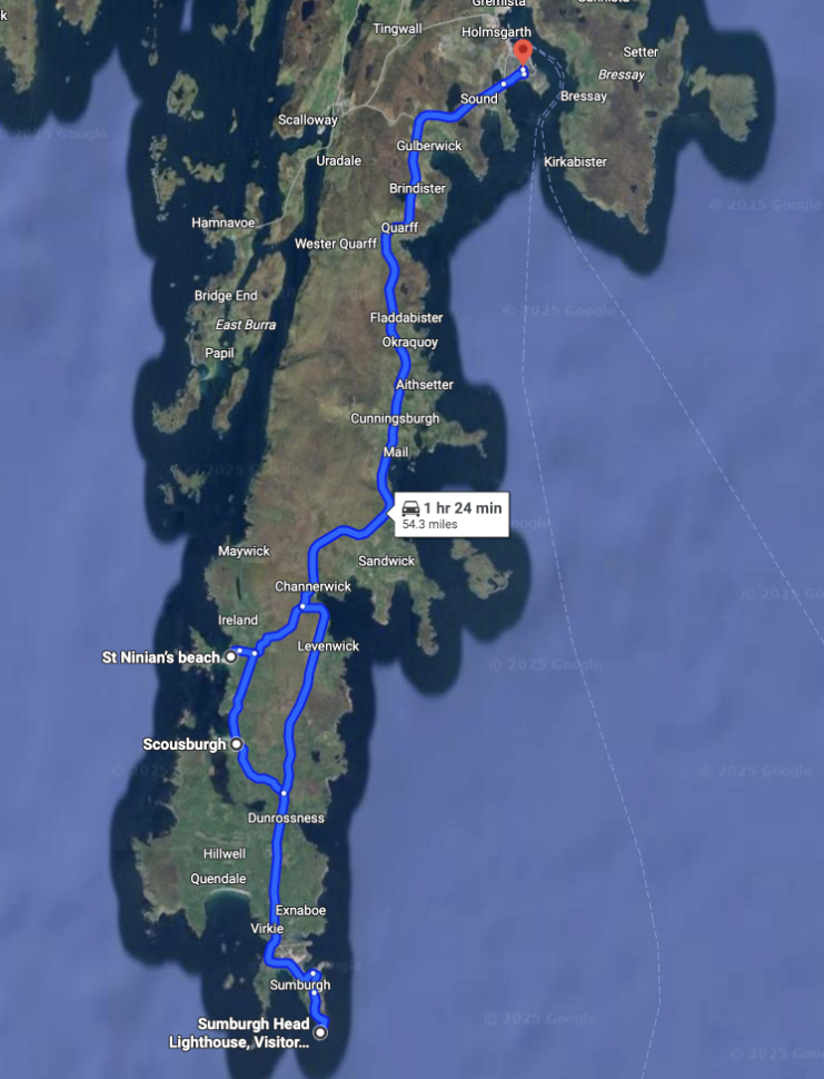 A map of our road tour at Lerwick, Shetland.