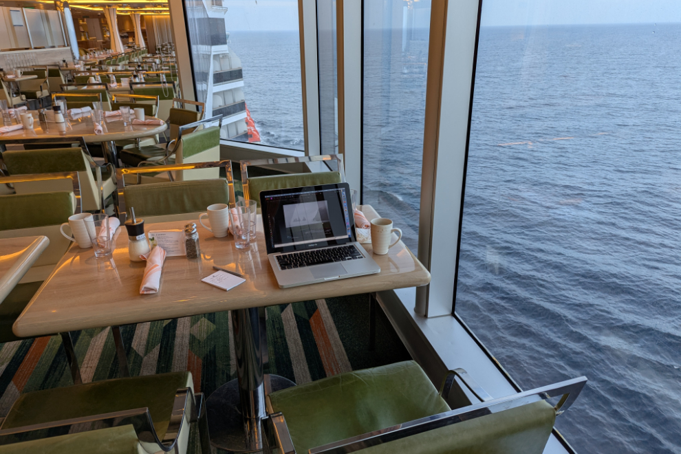 My early-morning blog-writing station in The Lido buffet area on Deck 9 of the Holland America cruise ship Nieuw Statendam, at sea.