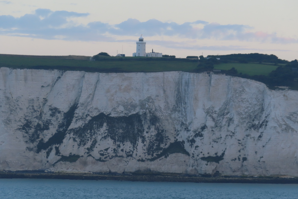 The South Foreland Lighthouse atop the white cliffs of Dover, seen from the verandah of our cabin on the cruise ship Nieuw Statendam.