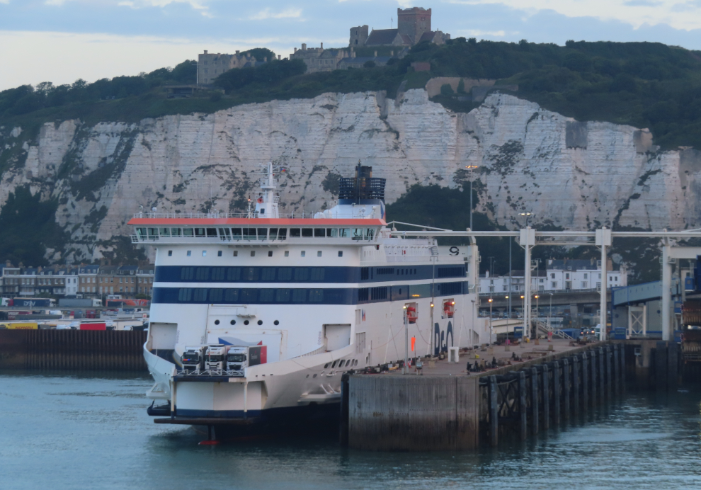 A ferry below Dover Castle at Dover, England.