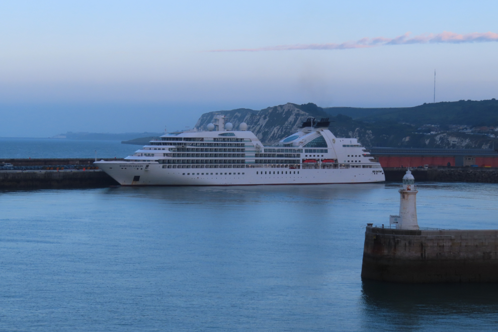 The beautiful cruise ship Seabourn Sojourn docked at Dover, England.