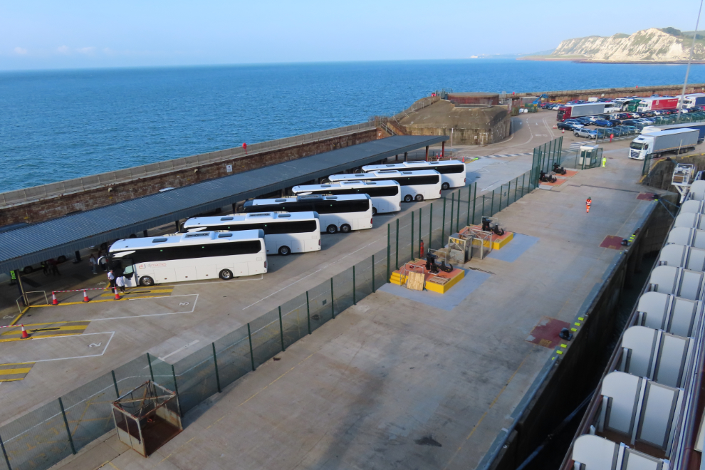 The parking lot below our cruise ship at Admiralty Pier, Dover, England.