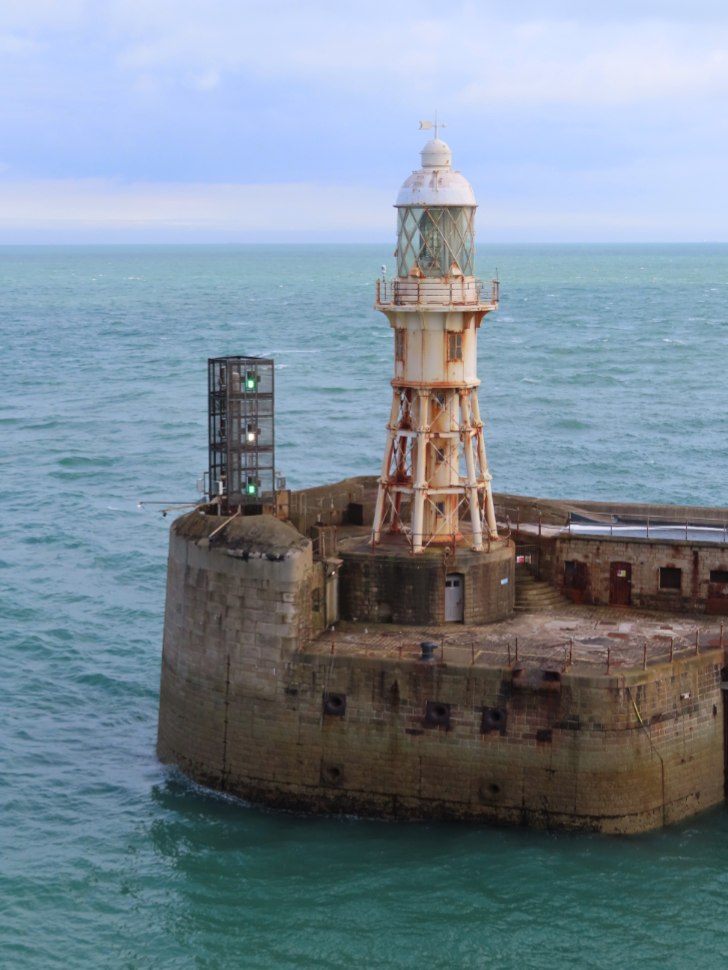 The historic steel Admiralty Pier Lighthouse at Dover, England.
