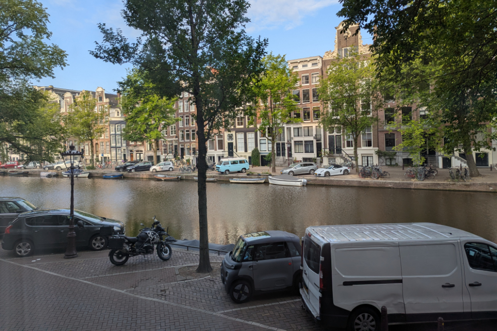 The canal view from Room 017 at the NH Hotel City Centre in Amsterdam.