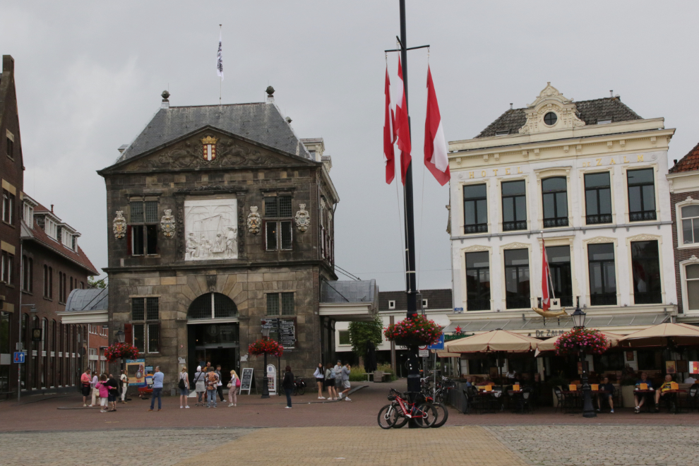 The Waag cheese weighing house on the left, the Hotel de Zalm on the right. The Waag was built in 1667, the hotel in 1551! Gouda, the Netherlands.