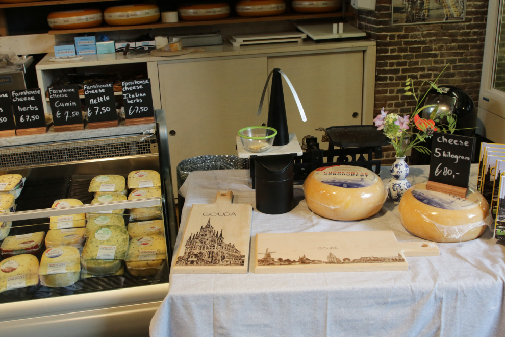Cheese for sale in the Waag cheese weighing house at Gouda, the Netherlands.