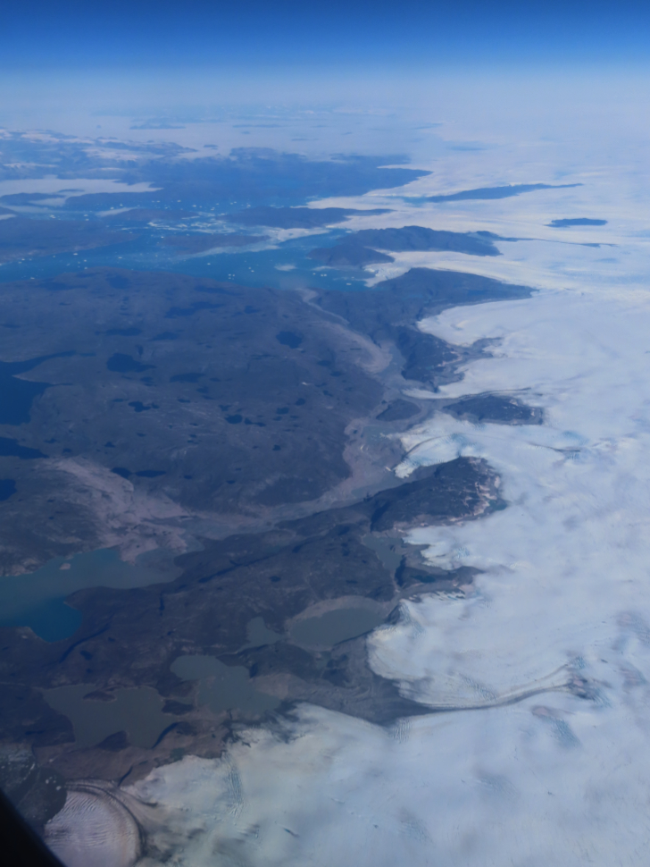 The edge of the Greenland ice cap north of Ilulissat, from 36,000 feet.