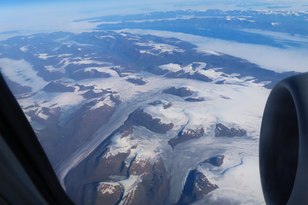 Glaciers on Disko Island, Greenland, from 36,000 feet.