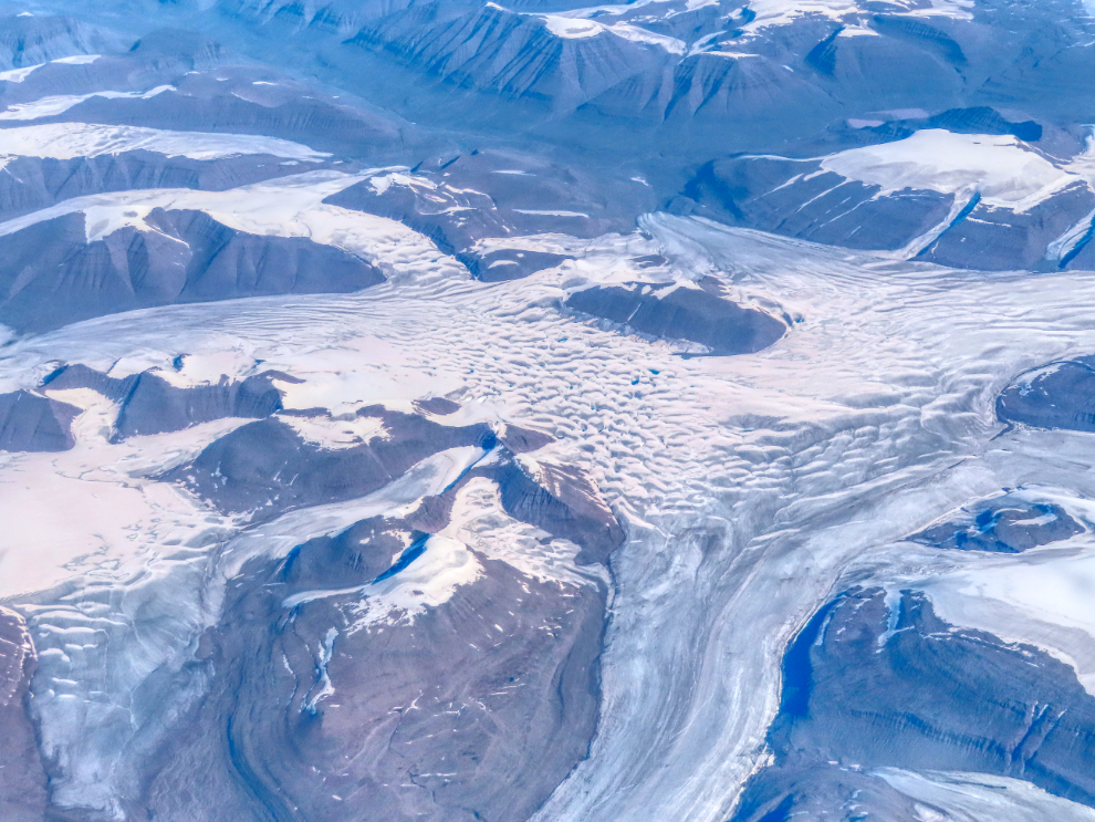 Glaciers on Disko Island, Greenland, from 36,000 feet.