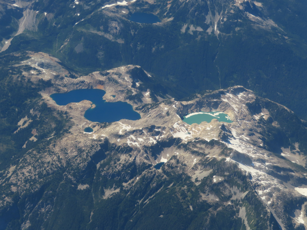 An aerial view of alpine lakes on a flight from Vancouver to Whitehorse.