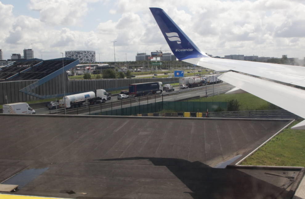 Taxiing over a freeway in an Icelandair Boeing 767 at Amsterdam Airport Schiphol (AMS).