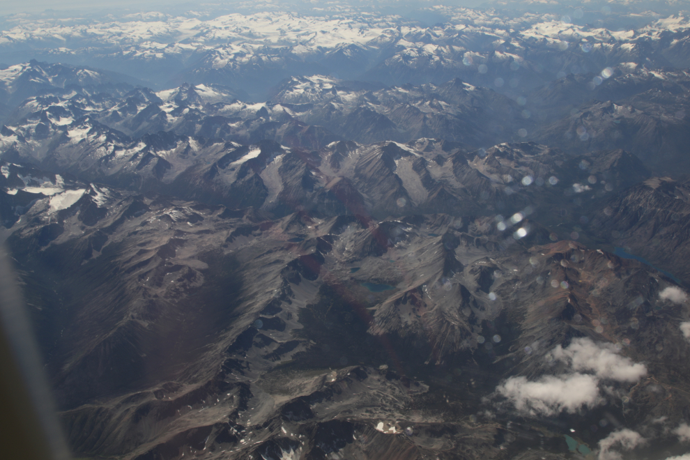 An aerial view of mountains on a flight from Vancouver to Whitehorse.