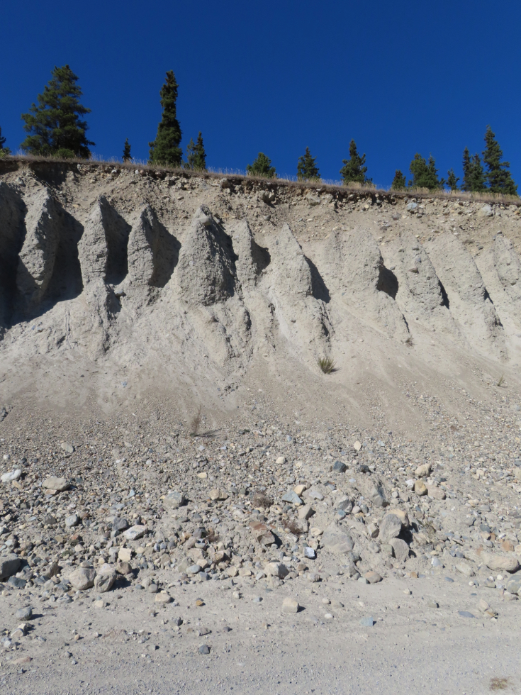 An impressive cutbank from a long-gone river along the Copper Haul Road at Whitehorse, Yukon. 