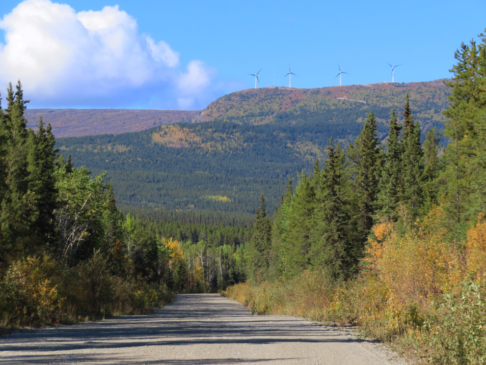 Four new wind turbines on Haeckel Hill, seen from the Copper Haul Road at Whitehorse, Yukon. 