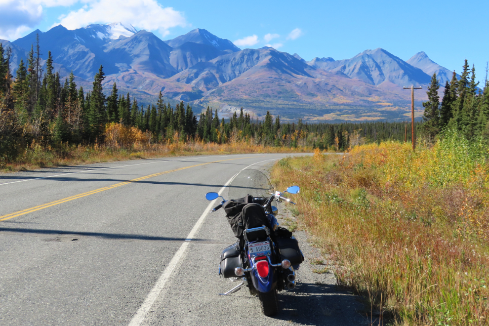 My V-Star motorcycle on the Alaska Highway west of Haines Junction, Yukon.