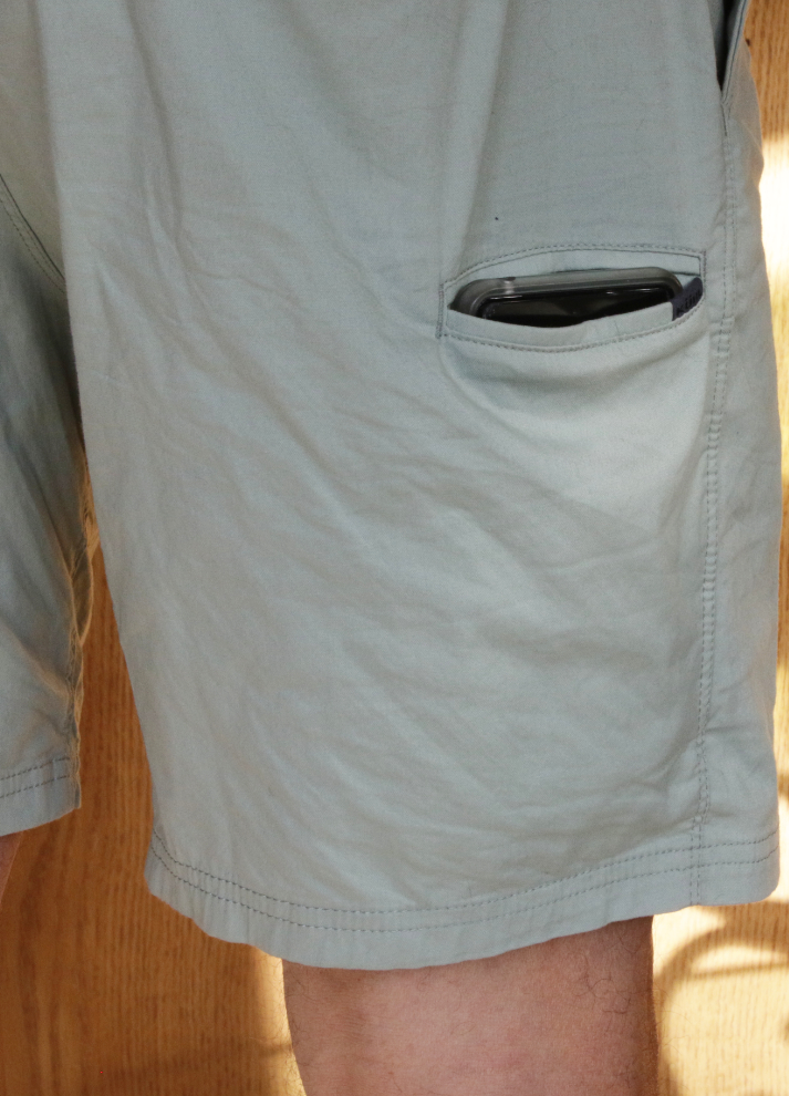 One of the stealth cell phone pockets in KUHL Resistor Lite Chino shorts.