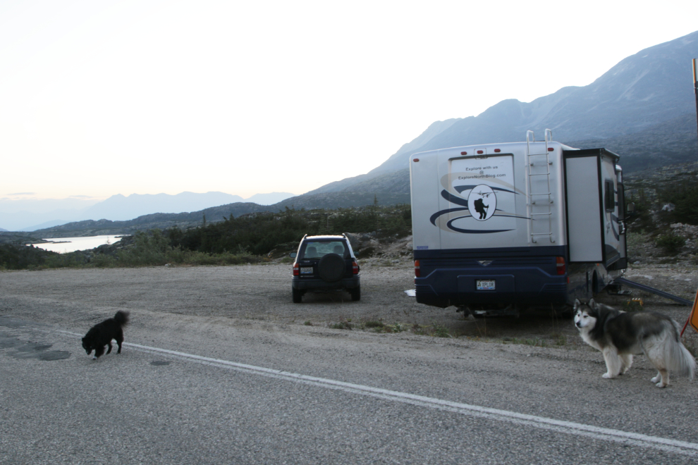My dogs at our motorhome, parked in the White Pass north of Skagway, Alaska.