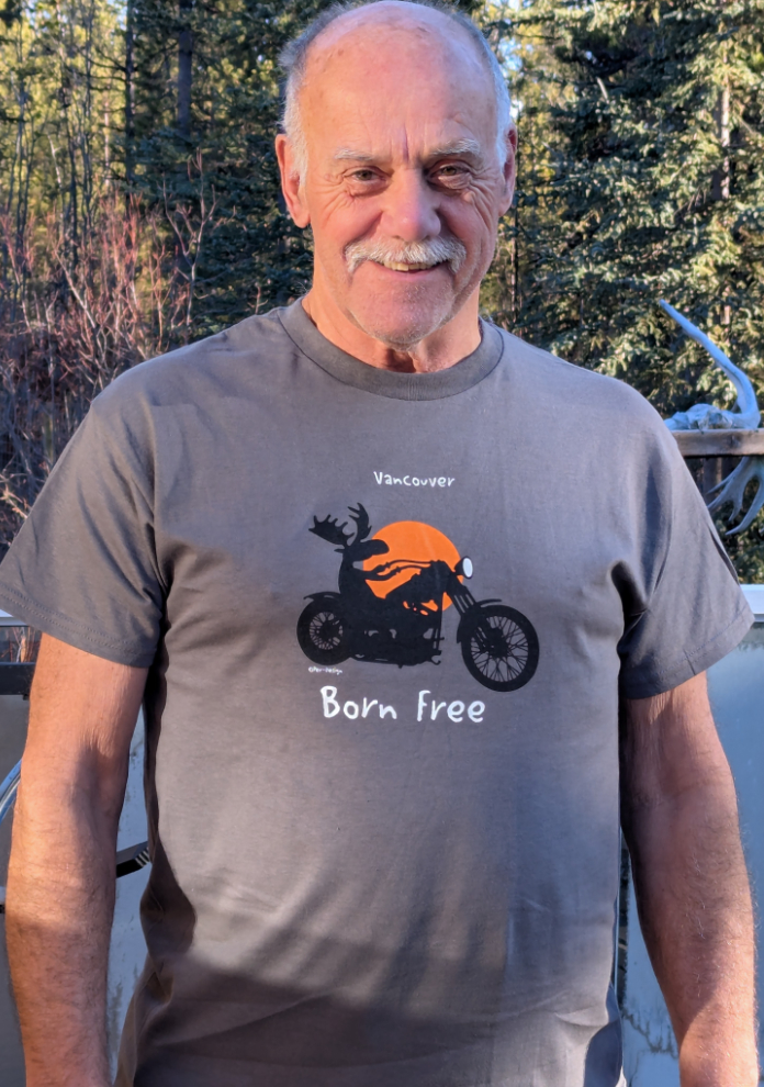 Murray Lundberg with a 'Born Free' tshirt from Vancouver - a moose riding a Harley 'chopper' motorcycle.