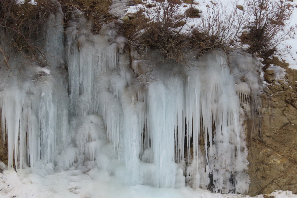 A frozen waterfall along the Yukon's South Klondike Highway.