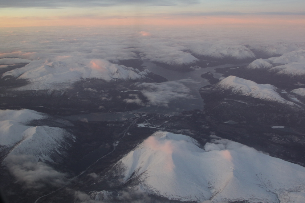 An aerial view of Lake Bennett, Yukon, at dawn.