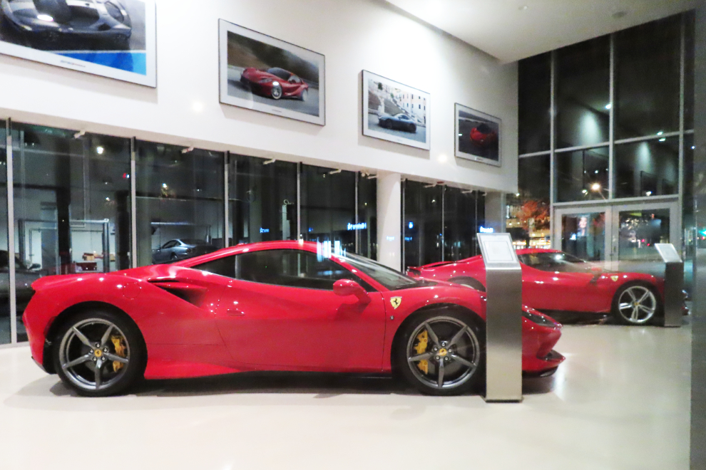 A 2001 Ferrari F8 Tributo in the Ferrari showroom in Vancouver.