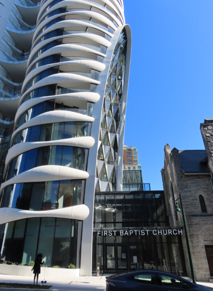 Vancouver, BC - the First Baptist Church, built in the Gothic Revival style in 1911, and the iconic adjoined tower named The Butterfly.