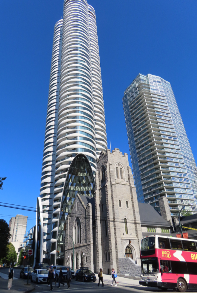 Vancouver, BC - the First Baptist Church, built in the Gothic Revival style in 1911, and the iconic adjoined tower named The Butterfly.