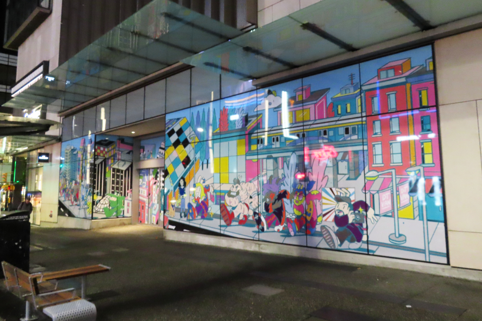 A large mural on the former Nordstrom store on Granville Street in Vancouver, BC.