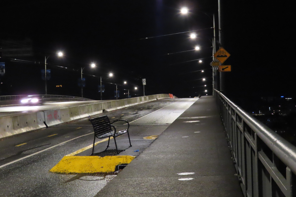 A bench on the Granville Street Bridge in Vancouver, BC.