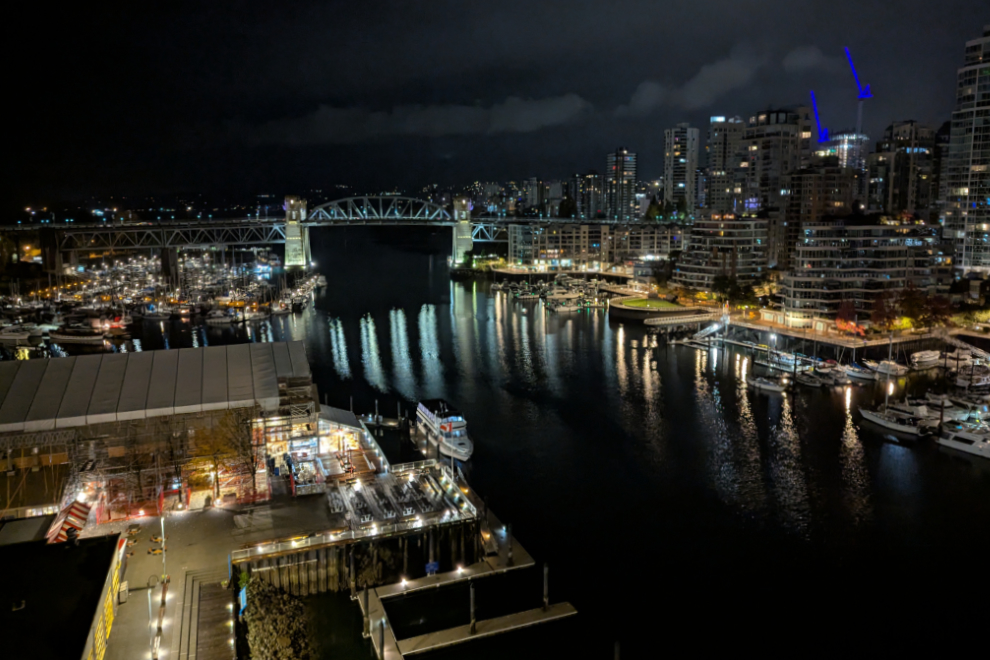 Vancouver, BC - False Creek and the Burrard Street Bridge at night.