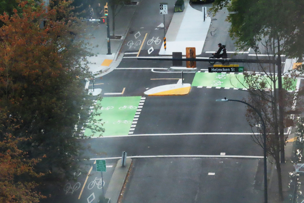 Looking down from Room 1752 at the Sheraton Wall Centre hotel in Vancouver, BC.