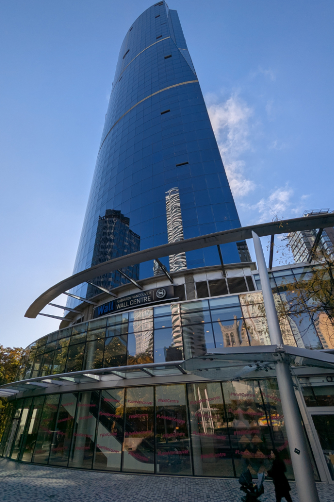 The north tower of the Sheraton Wall Centre hotel in Vancouver, BC.