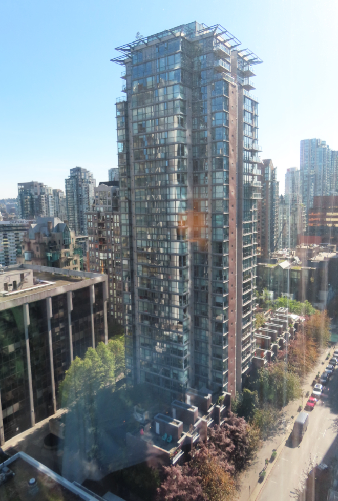 The view from Room 1752 at the Sheraton Wall Centre hotel in Vancouver, BC.