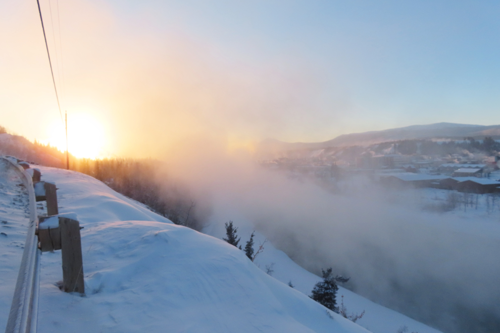Looking over the steaming Yukon River to downtown Whitehorse, Yukon, with the temperature at 28 degrees below zero.