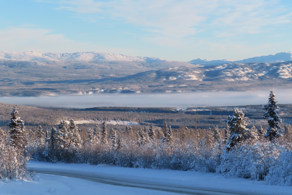 From the Fish Lake Road, the view across the Yukon River valley, with ice fog filling the valley bottom at a temperature of -41C. 