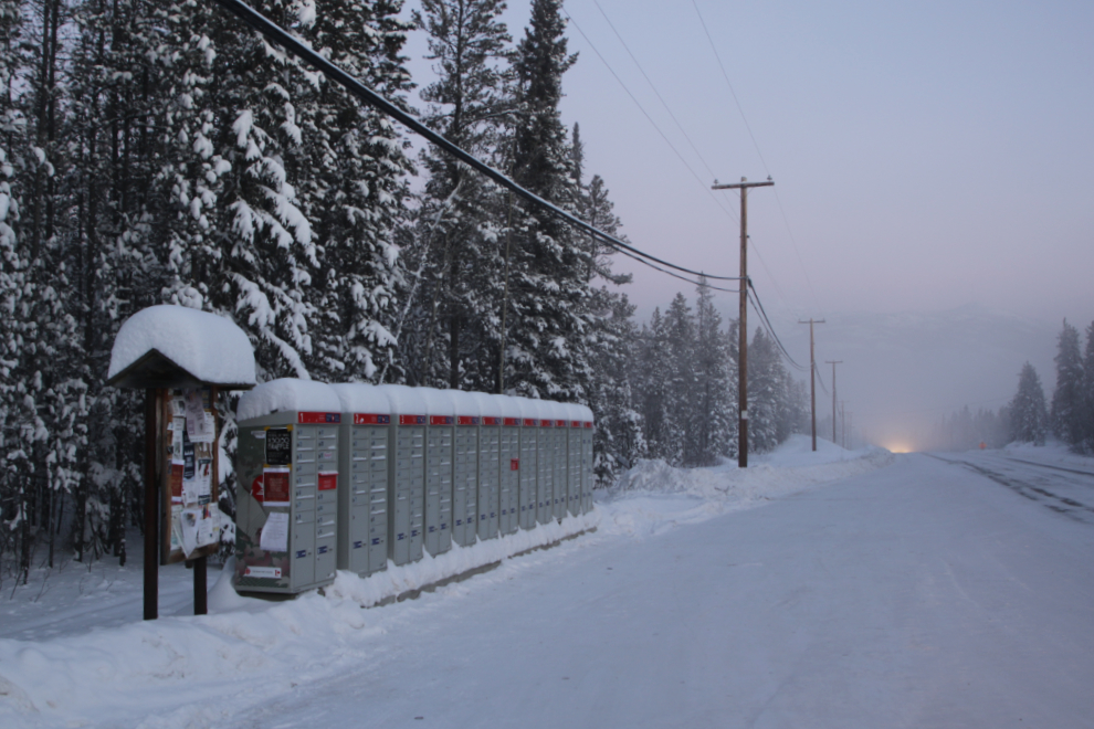 The community mailboxes at Mary Lake, Yukon, with the temperature at -41C.