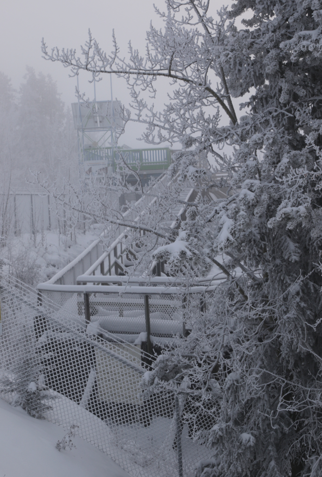 The world's longest wooden fish ladder at Whitehorse, Yukon, with the temperature at -41C.