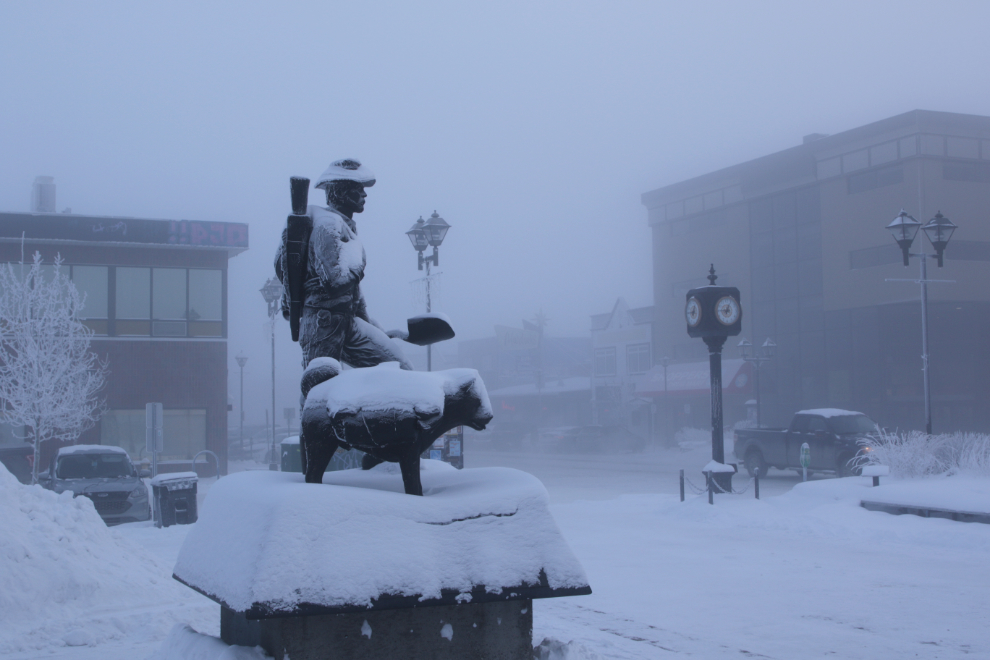 The prospector and husky statue in downtown Whitehorse, Yukon, with the temperature at 41 degrees below zero.